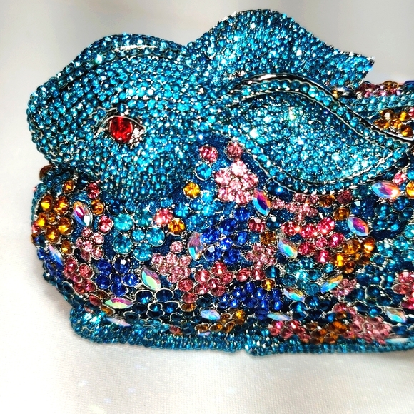 New In Box Blue Colorful Crystals Floral Rabbit Evening Clutch Purse - Picture 8 of 17
